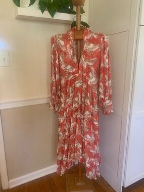 Gorgeous HUGO Boss Dress Coral Crane Bird Print Asymmetrical Hem Pockets Size 2